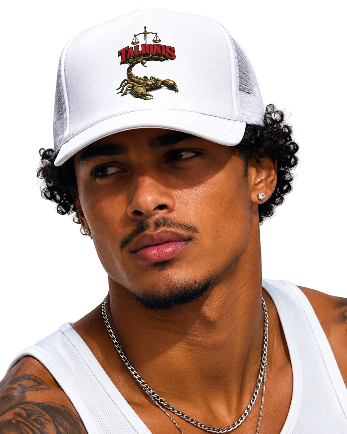 Man wearing a white cap with a logo and a white tank top against a light gray background