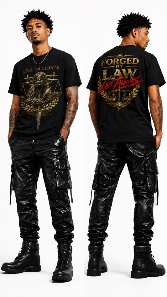 Person wearing a black t-shirt with 'Lex Talionis' design on front and back, standing against a white background.
