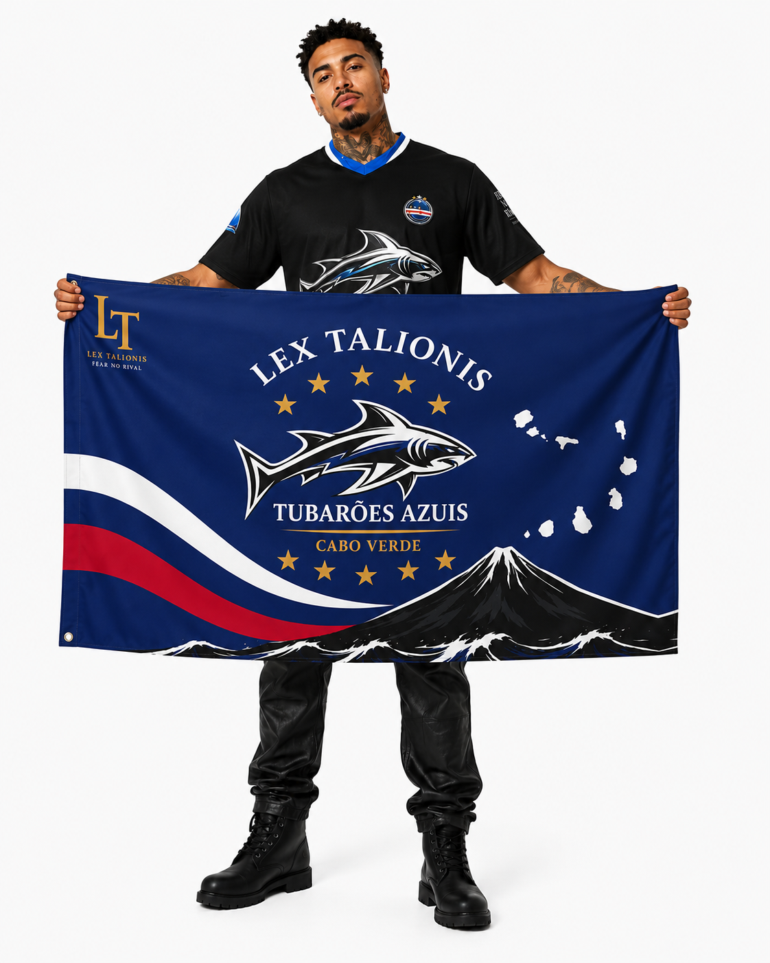 Person holding a large flag with a design and text on a white background