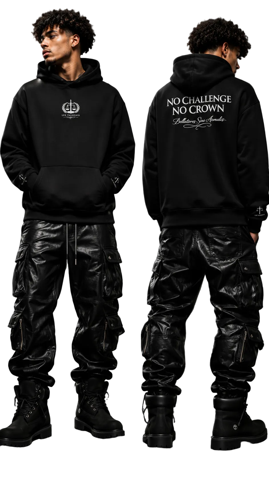 Person wearing a black hoodie with text, standing against a dark background