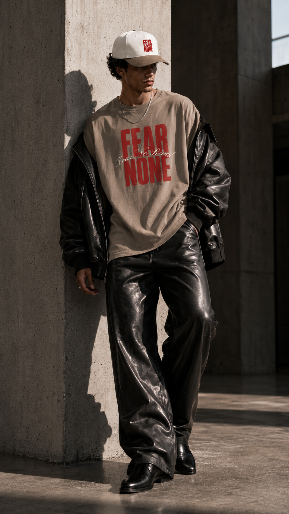 Lex Talionis editorial: model in a taupe and red Fear None tee, white cap and black leather trousers.