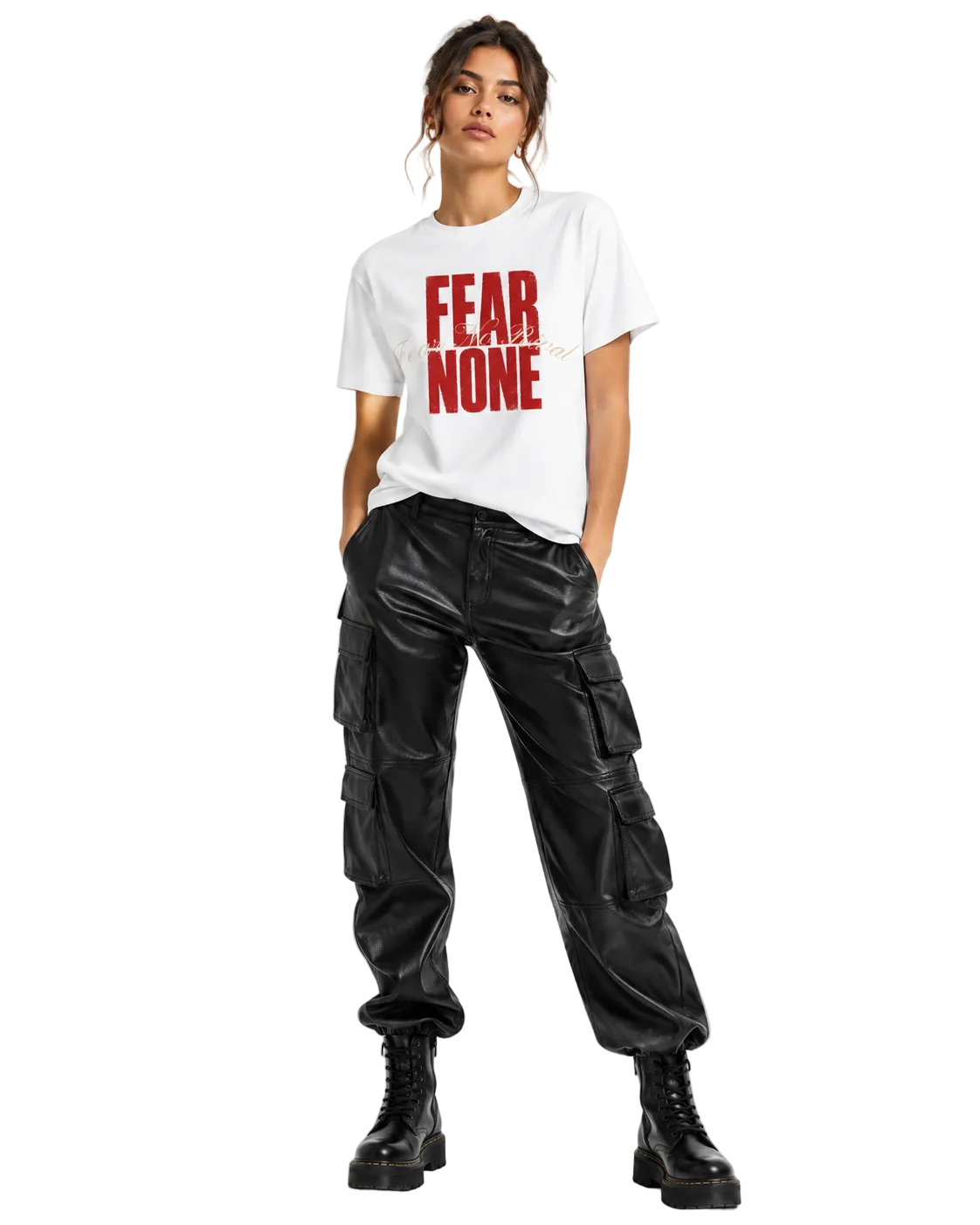 A model stands against a light gray studio background wearing a white graphic T-shirt with bold red text reading 'FEAR NONE', black cargo pants, and black lace-up boots.