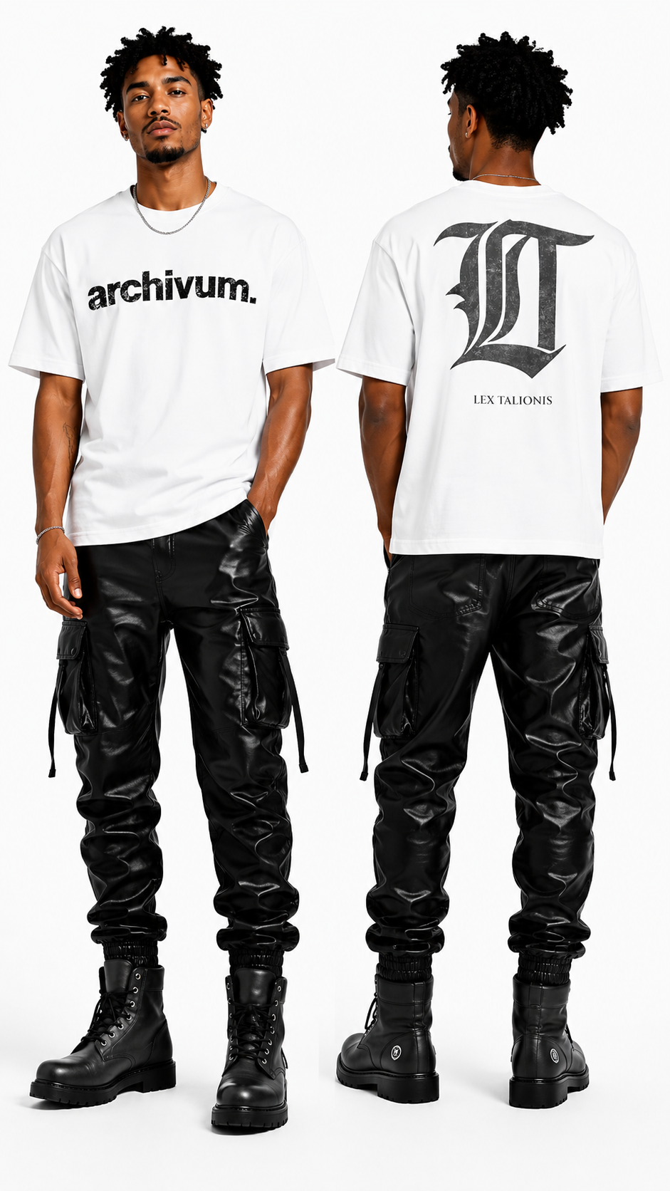 Person wearing a white t-shirt with 'archivum' logo and black cargo pants on a white background