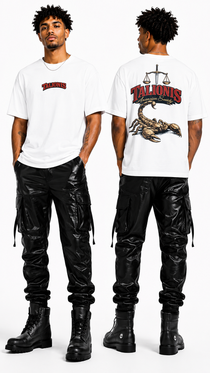 Two people wearing white t-shirts with logos, standing side by side on a white background.