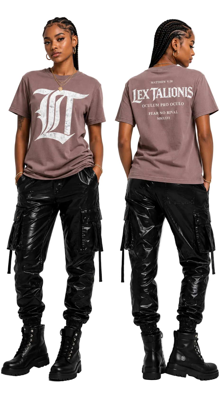Person wearing a brown t-shirt with graphic design and black cargo pants on a white background