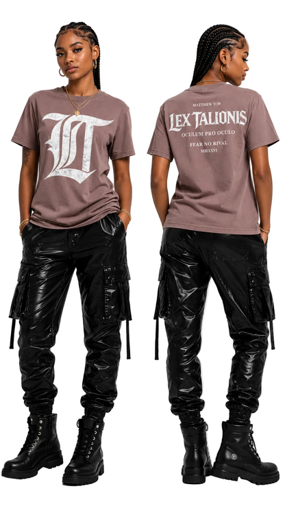 Person wearing a brown t-shirt with graphic design and black cargo pants on a white background