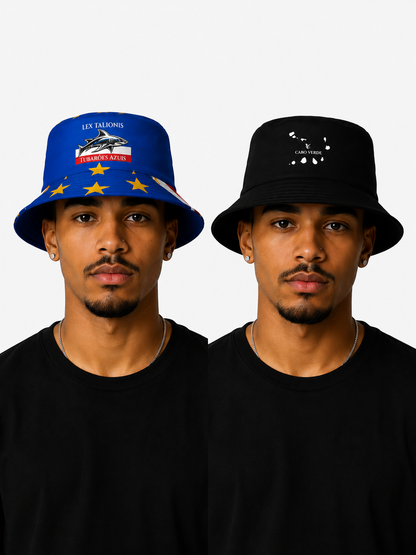 Two men wearing bucket hats, one blue with star designs and the other black with white patterns.