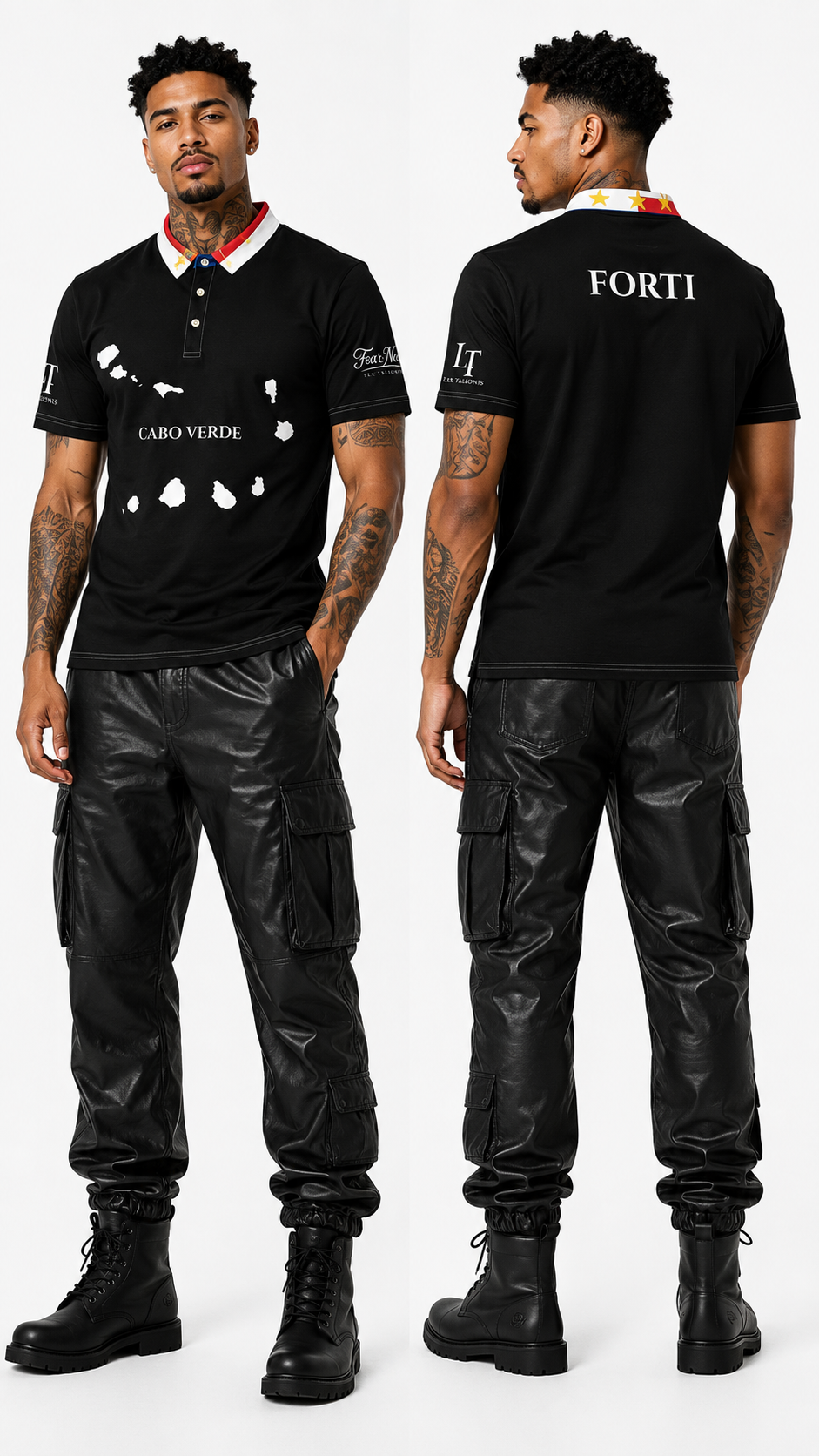 Man wearing a black polo shirt with visible branding and black cargo pants on a white background