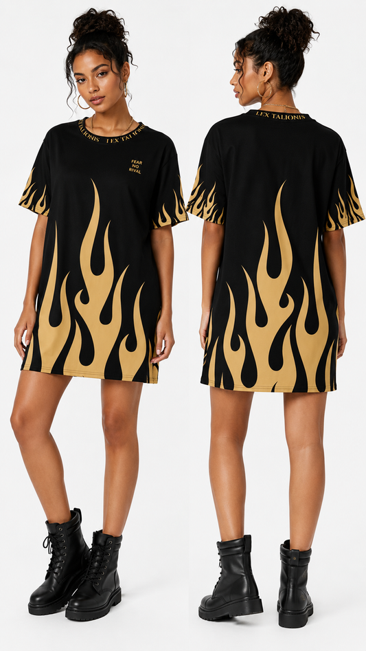 Black dress with gold flame pattern worn by a model on a white background