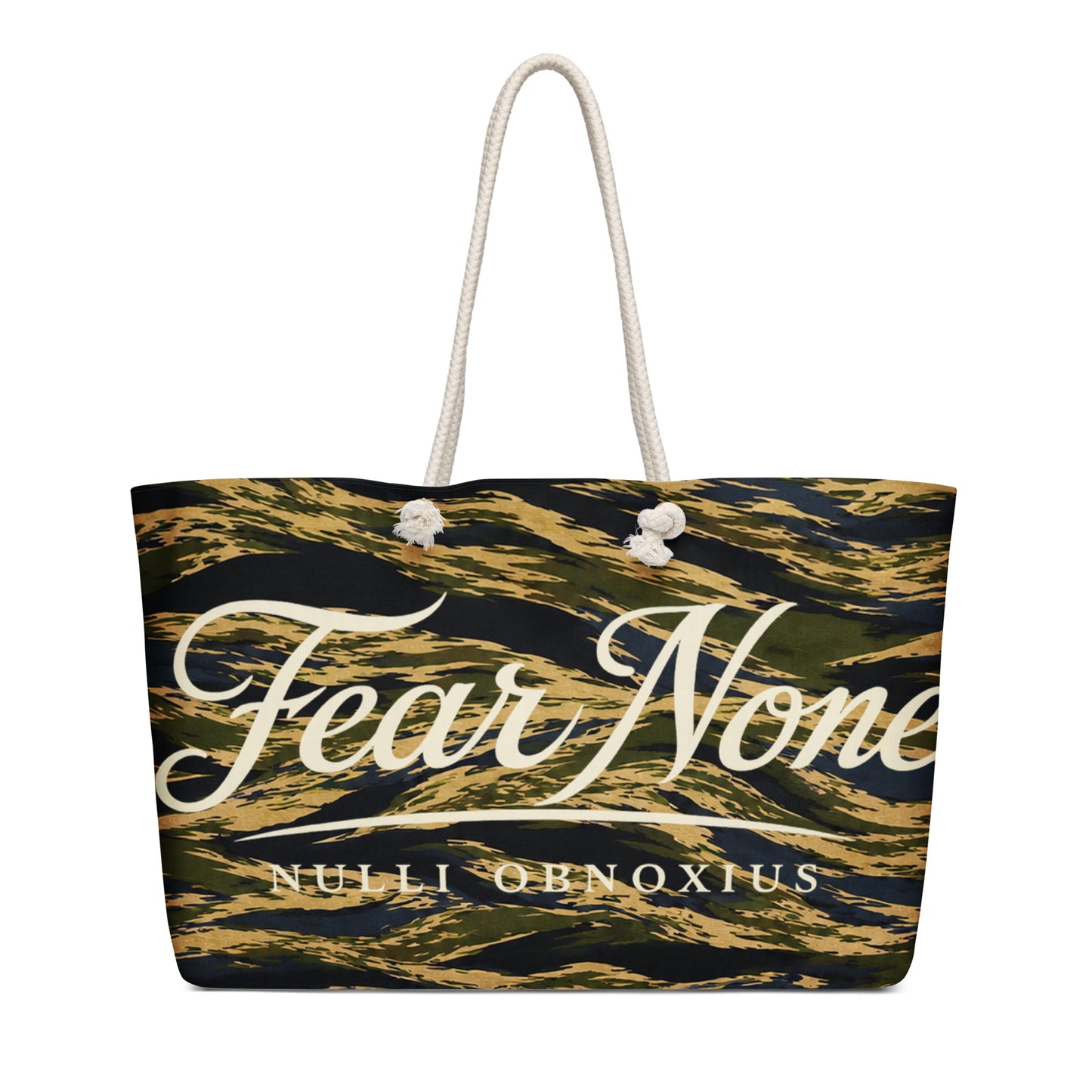 Tote bag with 'Fear None' text and camouflage pattern on a white background